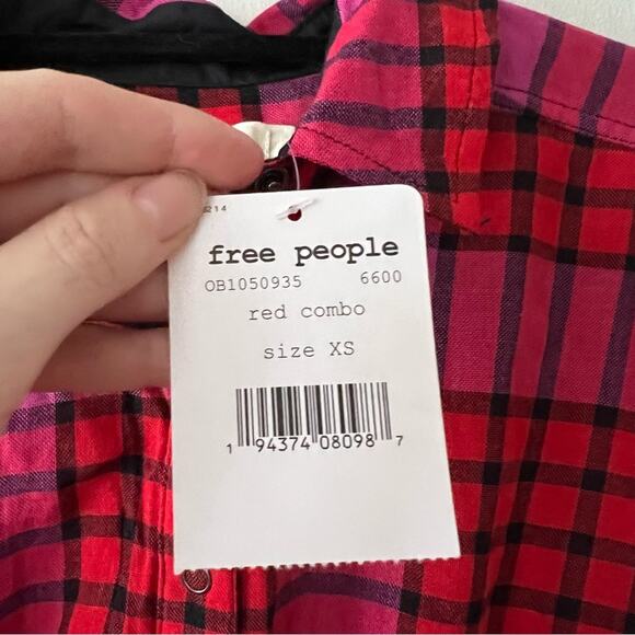 Free People Pacific Dawn Pink & Red Plaid Blouse - Picture 8 of 8